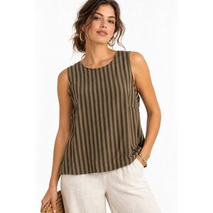 Threadbare Maelyn Stripe Shell Top Choc Taupe Sleeveless Button Back Blouse M 8